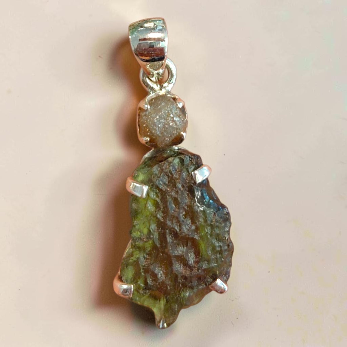 Diamant und Moldavit 925 Silber Kettenanhänger