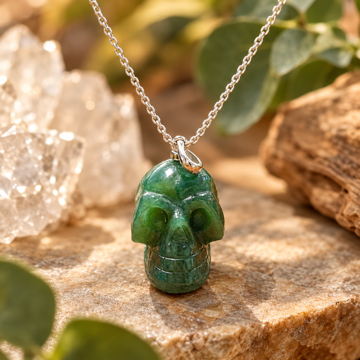 Moosachat Kristallschädel Kettenanhänger mit 925 Silber-Öse, skull